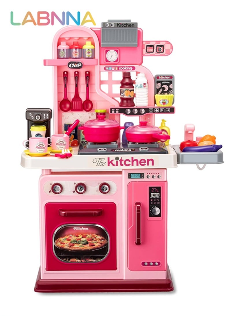 LABNNA مجموعة ألعاب مطبخ للأطفال مكونة من 53 قطعة، تشمل موقد طبخ، حوض غسيل، فرن، ألعاب مطبخ مع أضواء وأصوات واقعية، ألعاب تمثيلية، ألعاب مطبخ للأطفال الصغار من عمر سنة إلى 3 سنوات (لون وردي) - Image 1